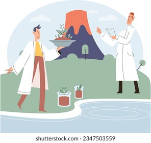 Scientists conducts research to study nature and living organisms. Idea of education, botany, microbiology. Biologists study structure of plants, conduct experiments with water. Biological research