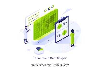 Scientists controlling condition of ecology with digital technology. Environment data analysis concept isometric vector illustration. Nature care specialists cartoon characters colour composition