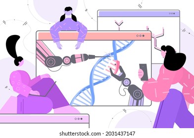 scientists controlling robotic hands working with DNA structure researchers making experiment in lab DNA testing