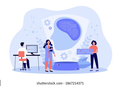 Scientists Creating Artificial Intelligence, Writing Codes, Programming Machine Learning. Vector Illustration For Data Science, Computer Technology, Ai Concept