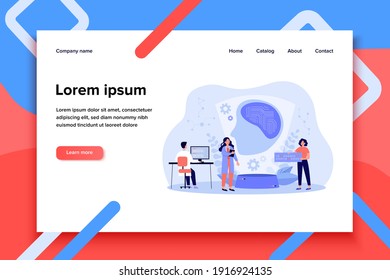 Scientists creating artificial intelligence, writing codes, programming machine learning. Vector illustration for data science, computer technology, ai concept