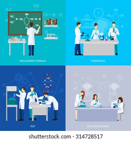 Scientists design concept set with drug development flat icons isolated vector illustration