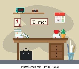 Scientist's desk. Formulas, books, workspace.
