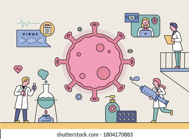 Scientists are developing a coronavirus vaccine in their lab. flat design style minimal vector illustration.