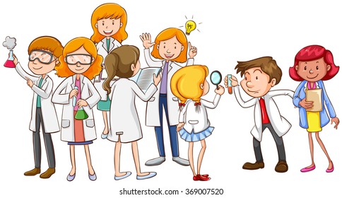 Scientists in different positions illustration