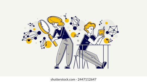 Scientists discovering science molecules and making experiments vector outline illustration, laboratorial science research or invention, education.