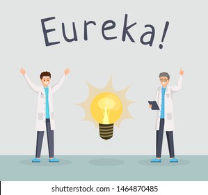 Scientists discovery flat banner template. Happy researchers excitement with raised index finger, eureka gesture cartoon characters. Lab workers having new idea, making breakthrough