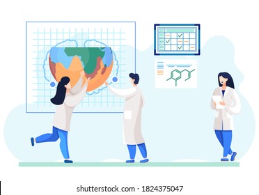 Scientists discuss ecology on the presentation. People in white coat, environmental investigators or chemical researchers analyze indicators. Illustration of science experiment in lab with half globe