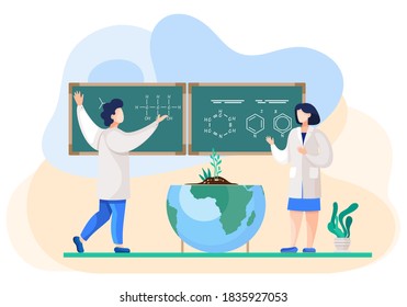 Scientists discuss formulas on the board. People in white coat, environmental investigators or chemical researchers analyze indicators. Illustration of science experiment in lab with half globe