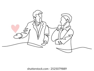 Scientists are discussing continuous one line drawing. Scientist and research concept. Vector illustration minimalist background.