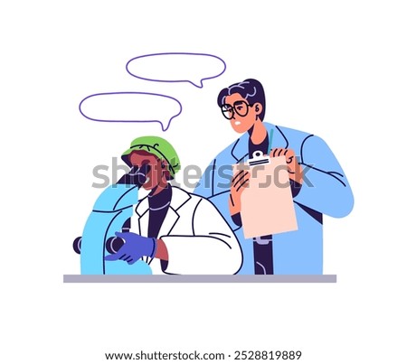 Scientists do chemical research, tests in laboratory. Science workers discover, study remedy with microscope. Doctors in uniform work in medical lab. Flat isolated vector illustration on white
