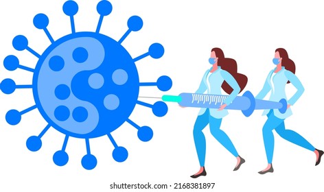 Científicos y médicos que luchan contra el coronavirus con inyecciones que ilustran la ilustración de los vectores de vacunación 