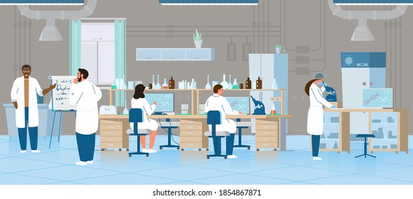 Scientists Or Doctors Men And Women Making Research In Chemical Laboratory. Laboratory Interior With Equipment. Flat Vector Illustration.