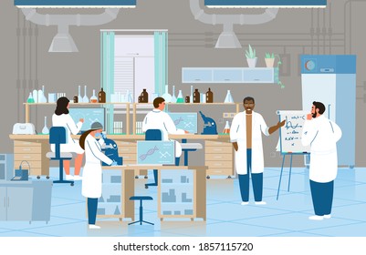 Scientists Or Doctors Men And Women Making Research In Chemical Laboratory. Laboratory Interior With Equipment. Flat Vector Illustration.