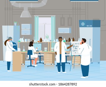 Scientists Or Doctors Men And Women Making Research In Chemical Laboratory. Laboratory Interior With Equipment. Flat Vector Illustration.