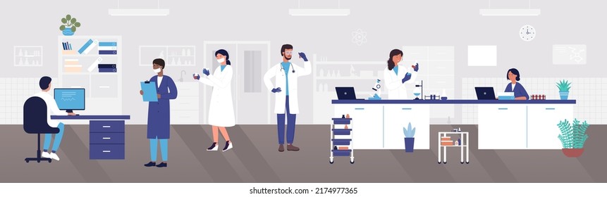 Scientists And Doctors Research, Study Results With Scientific Equipment And Microscope Vector Illustration. Cartoon Medical Workers Looking On Flasks With Blood, Analyzing Samples Background