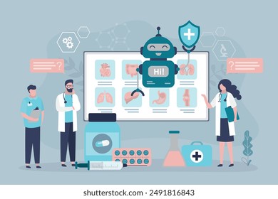 Scientists or doctors talking with medical chatbot. Robot assistant help doing medicine research and treatment. Chat bot with ai support medical staff. modern technology, innovation in health care.