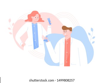 Scientists or doctors in white coats are holding test tubes. Research medical illustration. Laboratory experiments and analyzes. Vector flat.