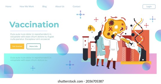 Scientists and doctors working in laboratory on inventing vaccine against covid 19. Vaccination and immunization process, treatment and health. Website or webpage template, landing page flat vector