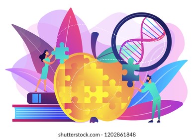 Scientists doing apple jigsaw puzzle. Genetically modified organism and engineered organism, molecular engineering concept on white background. Bright vibrant violet vector isolated illustration