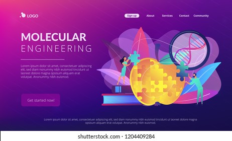 Scientists doing apple jigsaw puzzle. Genetically modified organism and engineered organism, molecular engineering concept on white background. Website vibrant violet landing web page template.