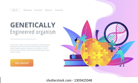 Scientists doing apple jigsaw puzzle. Genetically modified organism and engineered organism, molecular engineering concept on white background. Website vibrant violet landing web page template.