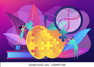 Wissenschaftler, die Apfelspuzzle machen. Genetisch veränderter Organismus und technisch veränderter Organismus, molekulares Engineering-Konzept auf ultraviolettem Hintergrund. Helle, lebendige violette Vektorgrafik einzeln