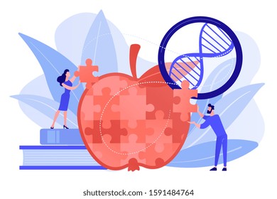 Scientists doing apple jigsaw puzzle. Genetically modified organism and engineered organism, molecular engineering concept on white background. Pinkish coral bluevector isolated illustration