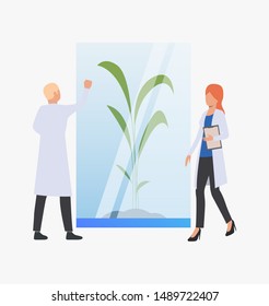 Scientists doing biological research. Science laboratory, clinical lab, experiments. Research concept. Vector illustration for webpage, landing page