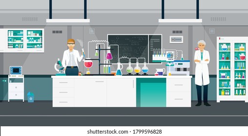 Scientists are doing chemistry experiments in the lab.