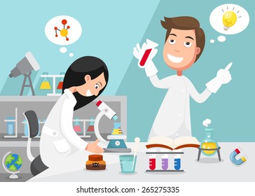 Scientists doing experiment surrounded by lab equipment .illustration, vector