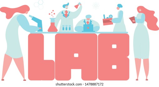 Scientists doing experiments in science laboratory. male chemists woman doing research in chemistry room. Flat cartoon colorful vector illustration