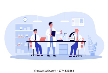 Scientists doing medical research in lab. Group of students and teacher conducting chemical experiment in laboratory. Vector illustration for science, medicine, chemistry concept