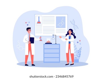 Scientists doing medical research in lab vector illustration. Doctors discussing high-tech research methods in medicine, detection of rare diseases, creating cure. Medicine, science concept