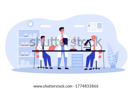 Scientists doing medical research in lab. Group of students and teacher conducting chemical experiment in laboratory. Vector illustration for science, medicine, chemistry concept