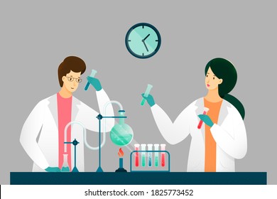 Wissenschaftler, die Forschung in Laborgrafik betreiben. Frau und Mann, die im medizinischen Labor arbeiten. Innovationsgemeinschaft, Vektor. Chemiker, die einen Kolben halten, chemische Prüfung durchgeführt.