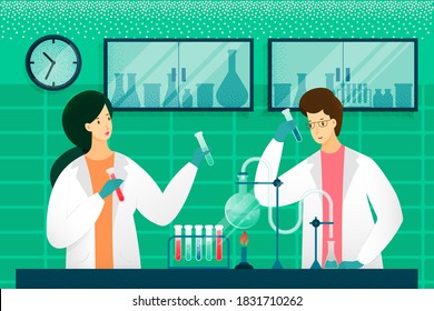 Scientists doing research in lab illustration. Woman and man working in medical laboratory. Innovation teamwork vector. Chemists holding flask, chemical test conducted.