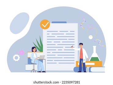 Scientists doing research in laboratory. Man with chemical equipment and books having experiment. Woman writing in laptop. Characters inventing medicine or doing medical analysis vector