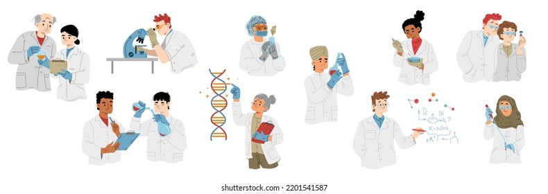 Scientists doing research, medicine, chemistry or biotechnology experiments in laboratory. Vector flat illustration of diverse people with lab flask, microscope and DNA molecule in science lab