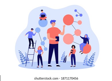 Scientists doing research at neural connections and AI algorithm. Tiny people with gadgets and molecule models. Vector illustration for science, technology, artificial intelligence concept