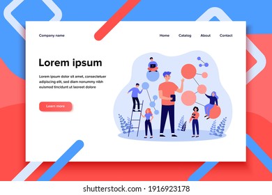 Scientists doing research at neural connections and AI algorithm. Tiny people with gadgets and molecule models. Vector illustration for science, technology, artificial intelligence concept
