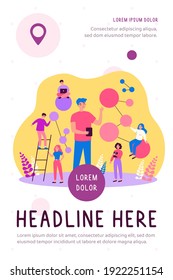 Scientists doing research at neural connections and AI algorithm. Tiny people with gadgets and molecule models. Vector illustration for science, technology, artificial intelligence concept