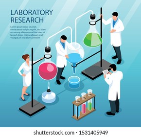 Scientists doing research working with colorful liquid in flasks and tubes 3d isometric vector illustration