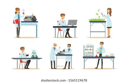 Scientists Doing Researches and Calculations in the Laboratory Vector Illustrations Set