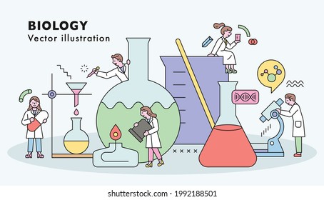 Scientists are doing scientific experiments and research together with huge experimental equipment. flat design style minimal vector illustration.