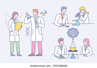 Scientists are doing scientific experiments and research together. flat design style minimal vector illustration.