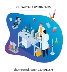 Scientists during chemical experiments and set of research equipment on blue gradient background isometric vector illustration