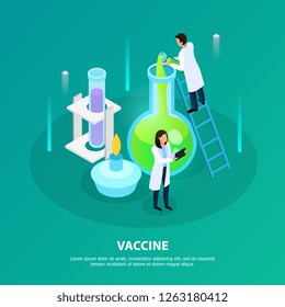 Scientists during laboratory experiment for vaccine development on green background isometric vector illustration