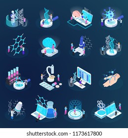 Scientists During Nano Technology Development Set Of Isometric Icons Isolated On Dark Gradient Background Vector Illustration