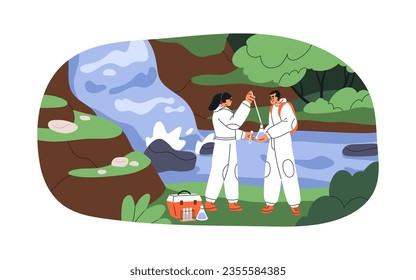 Scientists ecologists taking water samples. Testing, studying aqua quality, chemical analysis. Biologists with tubes, flasks in nature. Flat graphic vector illustration isolated on white background
